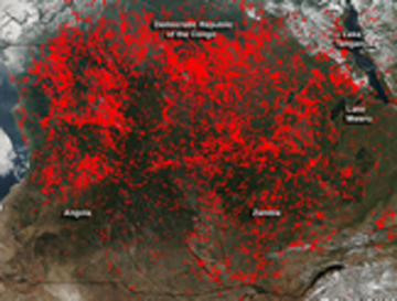 Agricultural Burning: FIGURE 4.5  Agricultural burning in about 4 million square kilometers throughout central Africa.  Fires burning in the southern region of the Democratic Republic of the Congo, Zambia and Angola.  Actively burning areas outlined in red.  Photo from the NASA’s Aqua satellite June 3, 2016. NASA, NOAA, and the U.S. Department of Defense.  https://www.nasa.gov/image-feature/goddard/2016/fires-in-angola-zambia-d.... From Chapter 4: “Water, Food and the Environment,” by Robert Wyman and Guigui Yao.